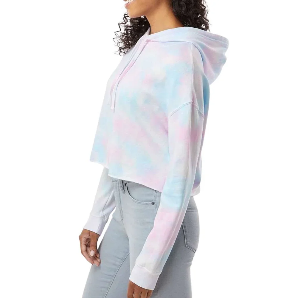 Women’s Crop Hooded Sweatshirt Tie Dyed Hooded Candy Pink & Blue Colors Cotton - Picture 2 of 5